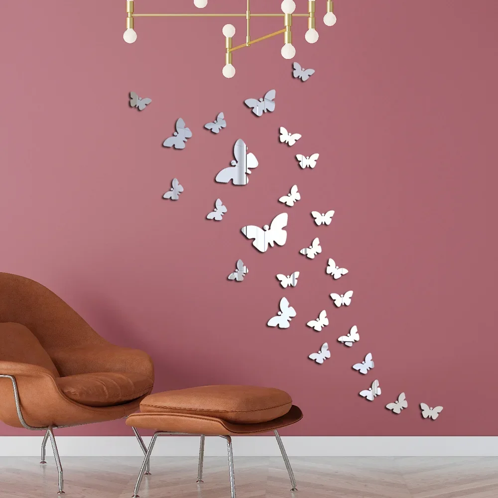 36PCS/Set Mirror Butterfly Pattern Wall Stickers DIY Background Living Room Bedroom Stickers Garden Style 3D Cafe Window Flowers