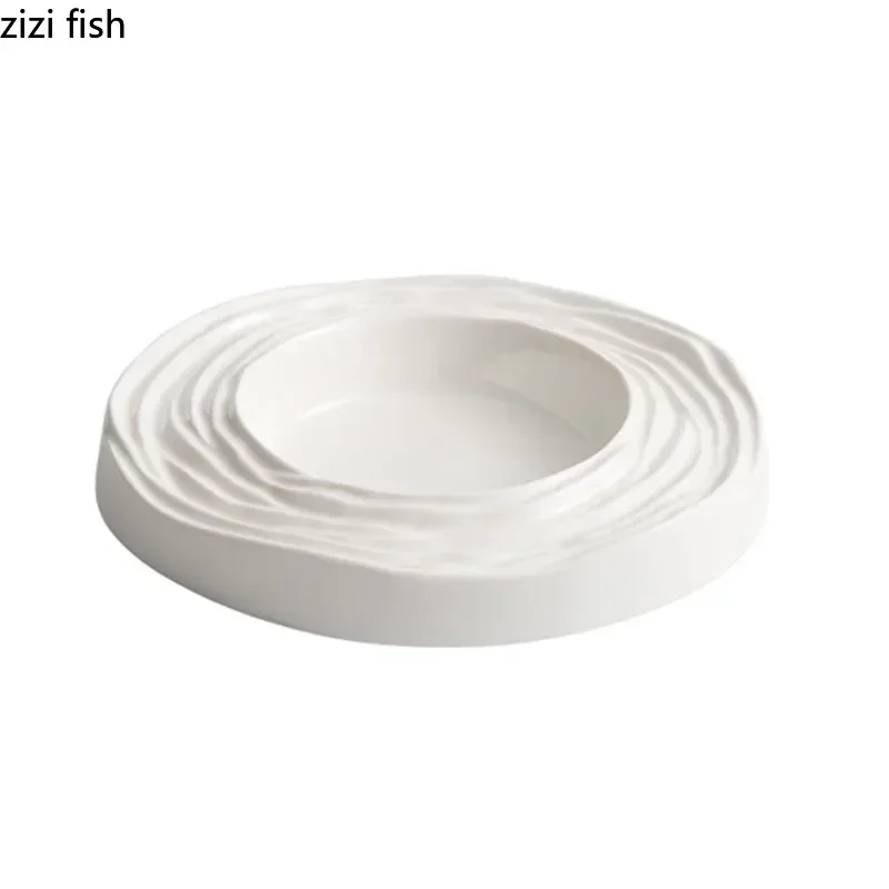 Pure White Ceramic Water Wave Pattern Thick Soup Plate Dessert Plate Sushi Dish Restaurant Molecular Cuisine Specialty Tableware