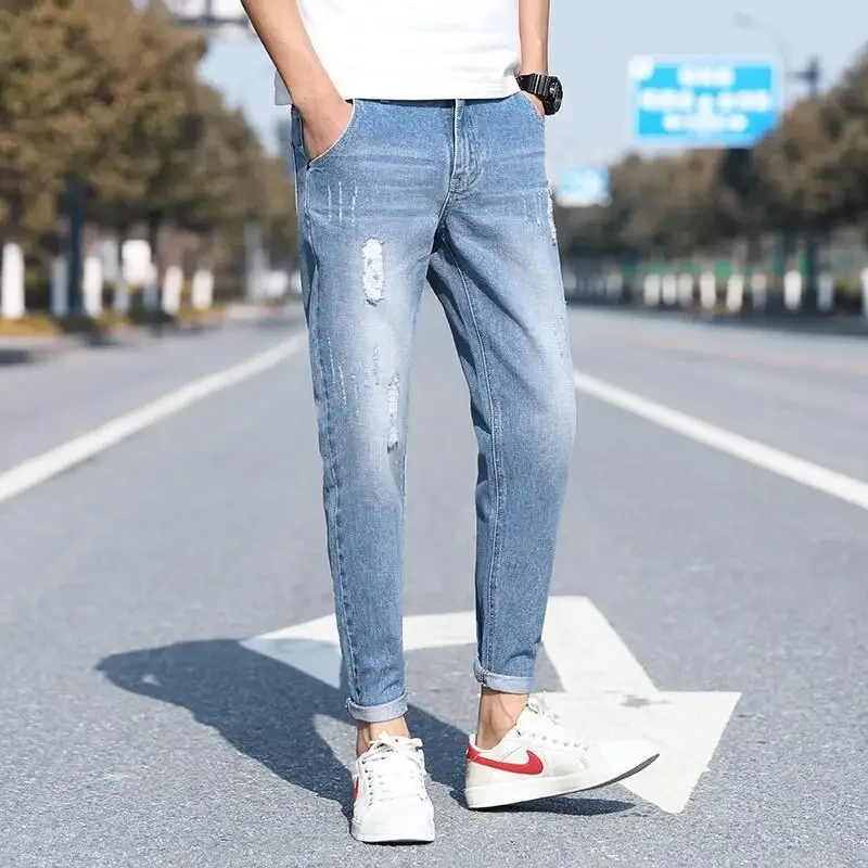Trendy Men's Jeans Ripped Nine-point Length Casual Loose Fit Slimming Effective Branded Mid-tone Straight Leg Denim Trousers men jeans ripped jeans