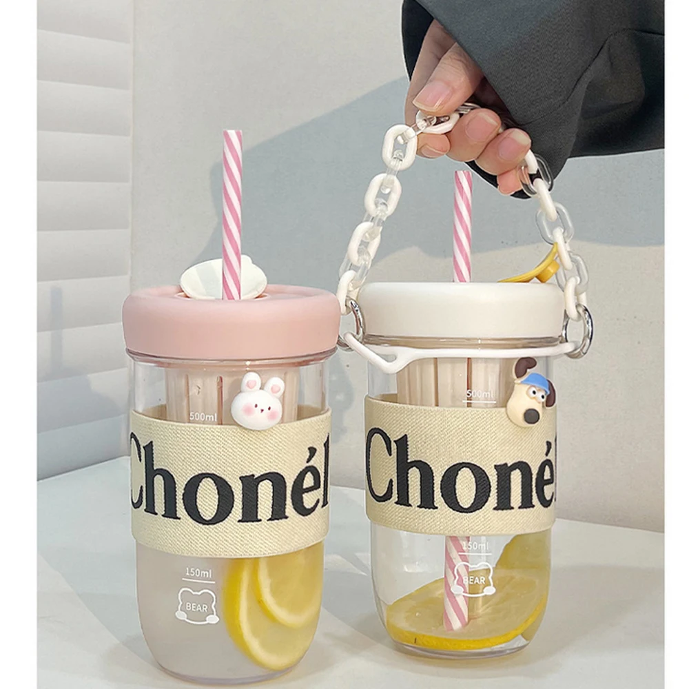 

Large Capacity Straw Cup 500ml Sippy Water Bottle Girl, Plastic Cup with Tea Partition, With Large Lifting Rope and 3D Stickers