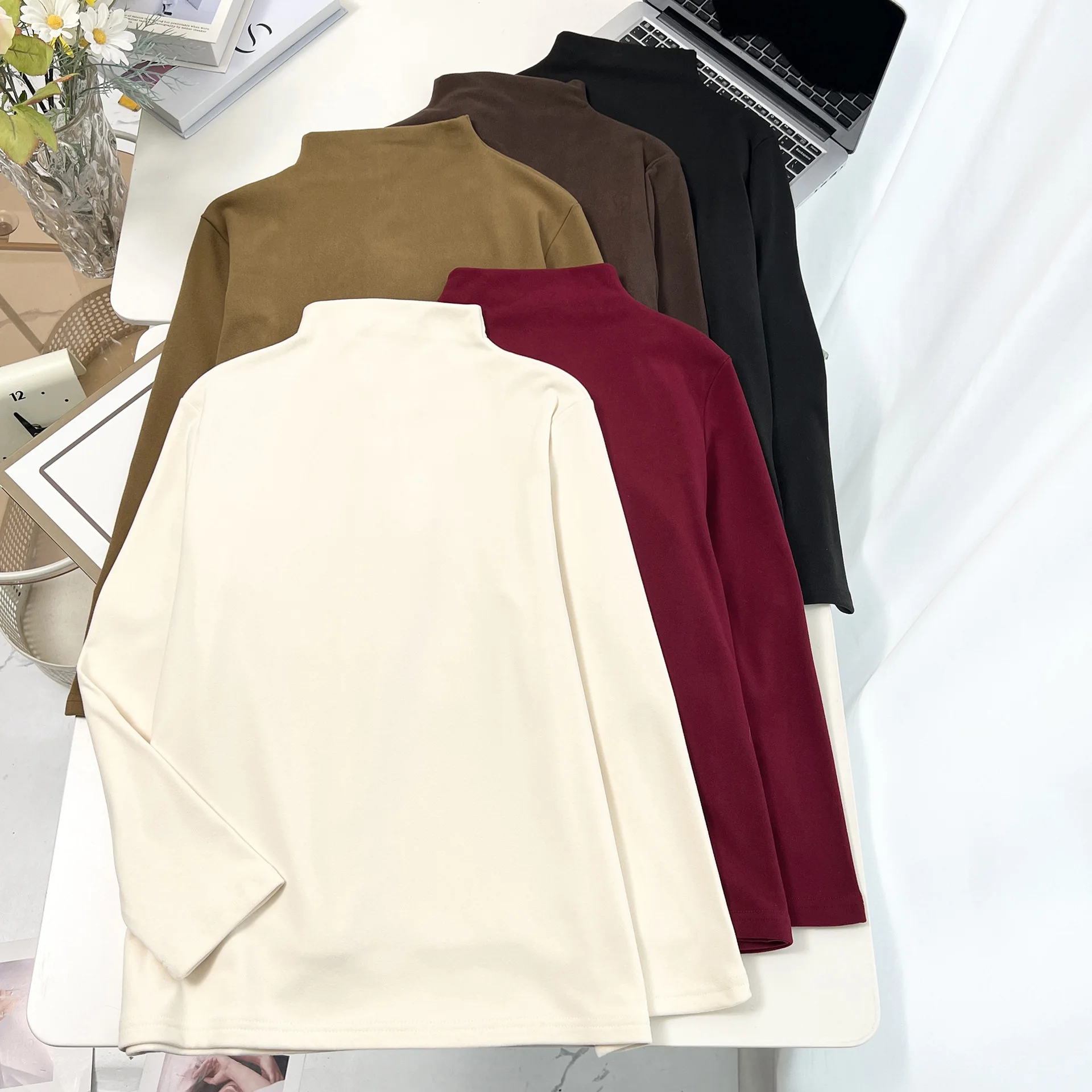 XXXXXL Fashion Plus Size Women's T-Shirt 2025 Autumn And Winter Basic Style Stand Collar DE Velvet Warm Long Sleeved Tops 050