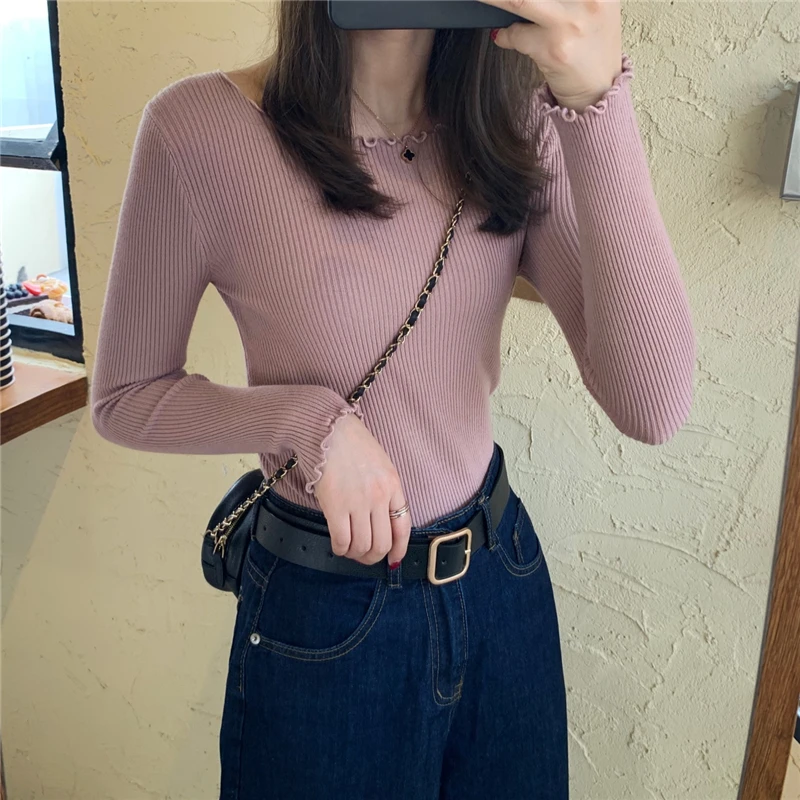 O-Neck Ruched Women Sweater High Elastic Solid 2022 Fall Winter Fashion Sweater Women Slim Sexy Knitted Pullovers Pink White cute sweaters