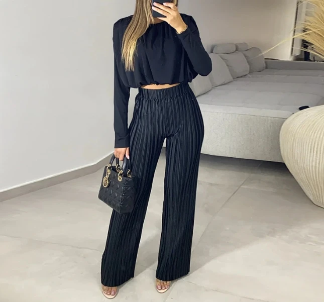 2023 New Woman Pants Set Round Necked Short Sleeved Bottom Shirt with Pleated High Waisted Fashion Casual Pants Two-Piece Set zaful high waisted crossover crinkle textured bikini bottom m red