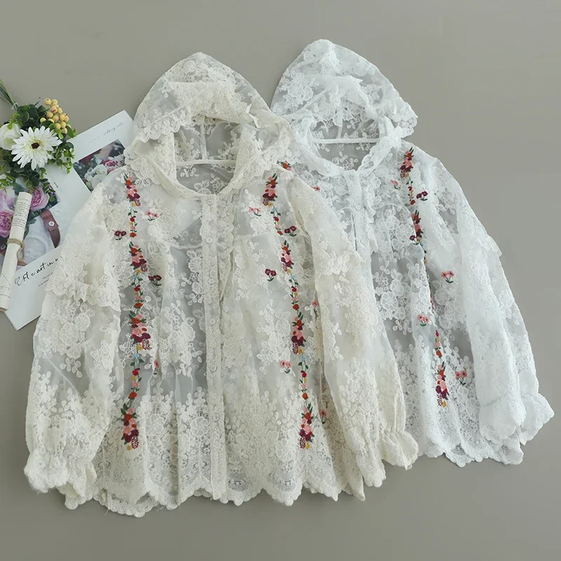 Summer Sweet Organza Transparnet Floral Embroidered Hooded Blouse Women Long Sleeve Single Breasted Casual Cover Up Tops