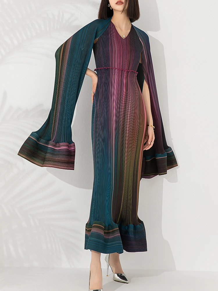 

Miyake Pleats 2024 New Dress Glitter Sleeve Patchwork Slim Dress Ladies Gradient Elegant Party Dress