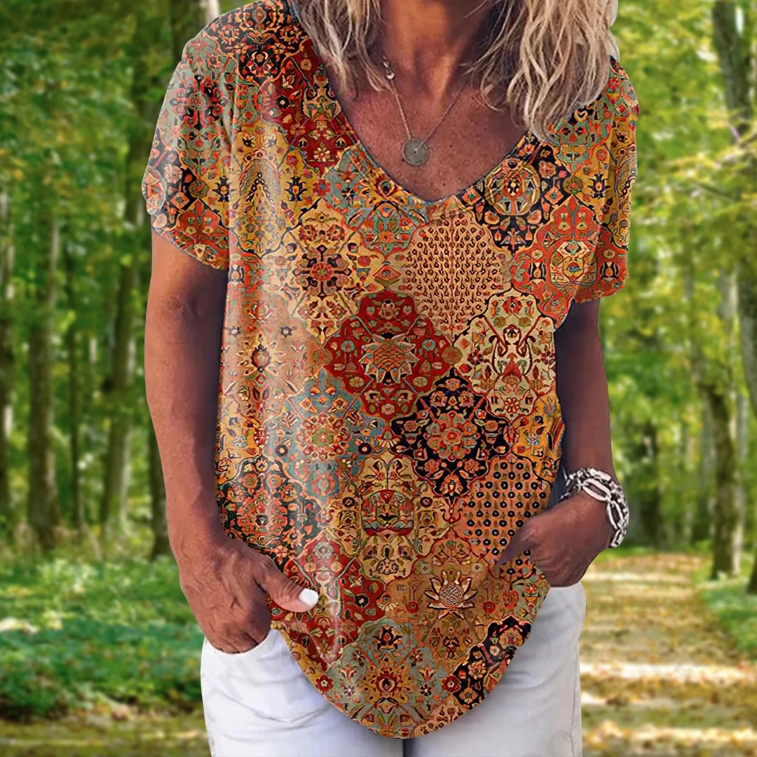 

Summer Vintage Women T-shirt 3d Floral Print Tshirt Women Fashion T-shirts V-Neck Short Sleeve T Shirt Women's Clothing Japanese