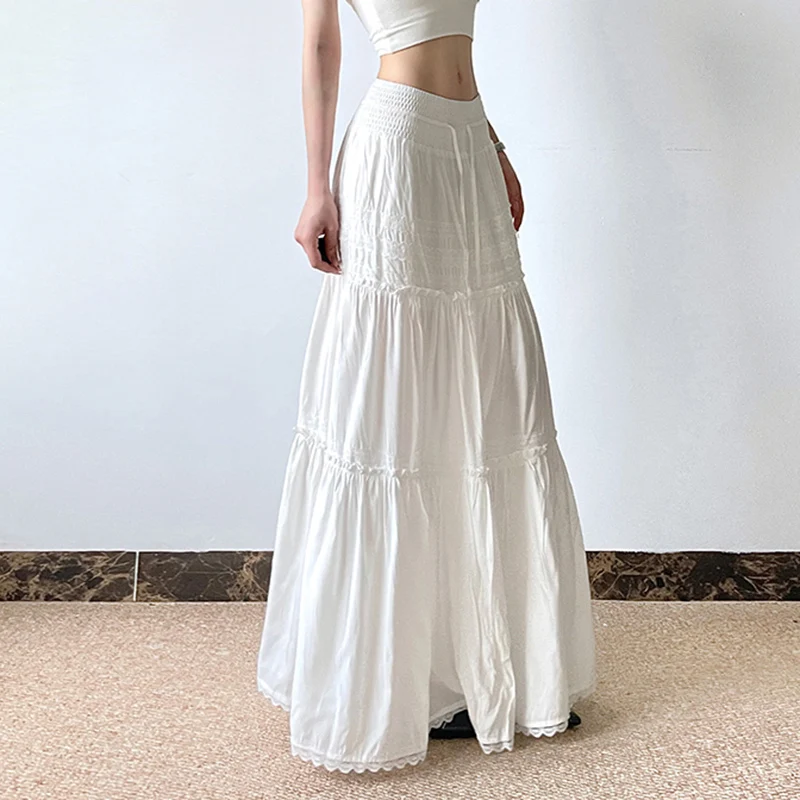 CIBBAR Elegant Lace Stitching Long Skirt Holiday Oversized