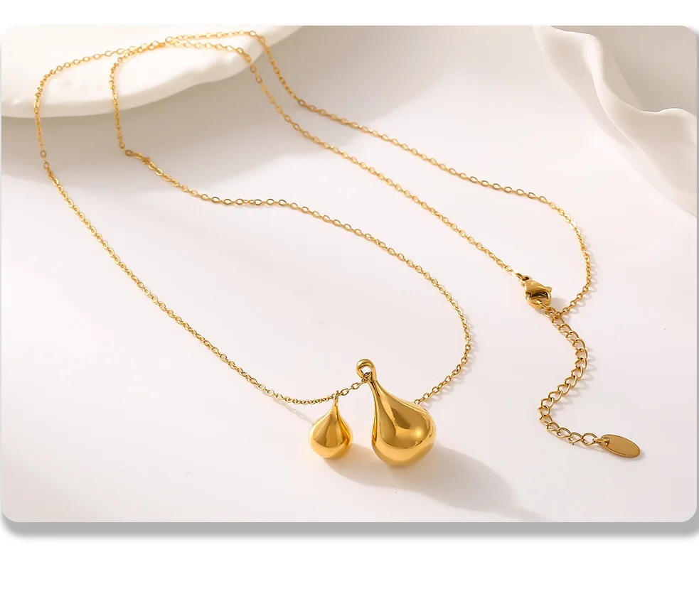 Wassertropfen-Anhänger, vergoldet, lange, schicke Halskette, Edelstahl-Pullover-Kette für Damen, modischer Charme, wasserfester Schmuck – Detail 7