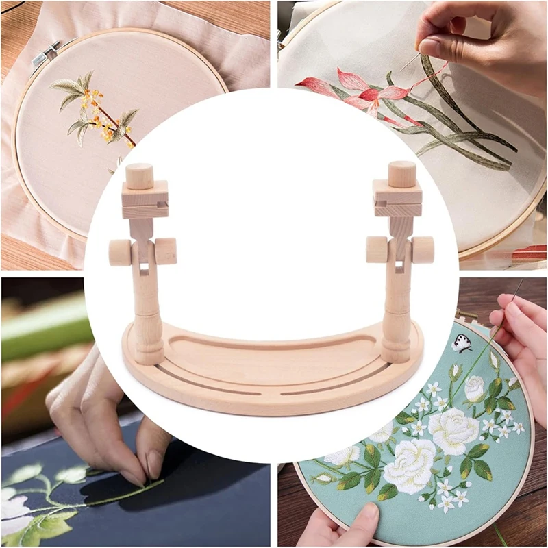 Adjustable Embroidery Stand, Rotated Stand Beech Wood Embroidery Hoop Holder For Arts Crafts Sewing Needlework