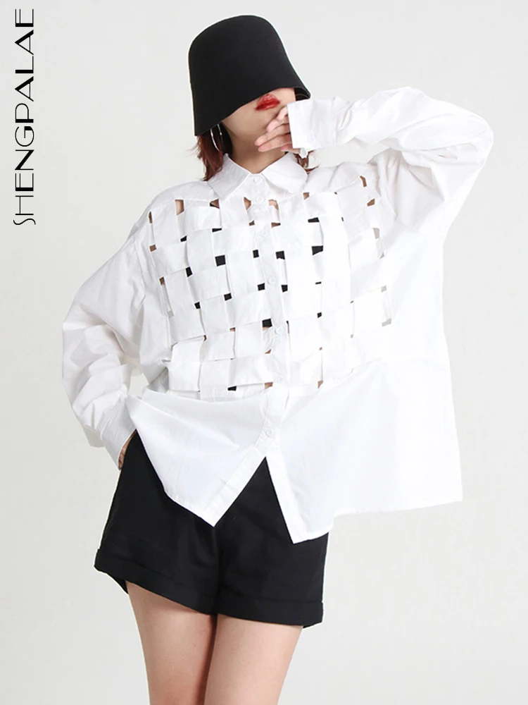 

SHENGPALAE French Casual Shirt Minimalist Lapel Lantern Sleeve Hollow Out Perspective Design Women 2023 Summer New Clothing 2273
