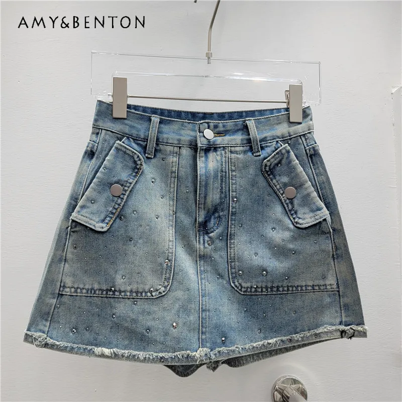 

Heavy Embroidery Worn Looking Washed-out Denim Skirt Women's 2024 High Waist Sheath Anti-Exposure A-line Jeans Slimming Skirts