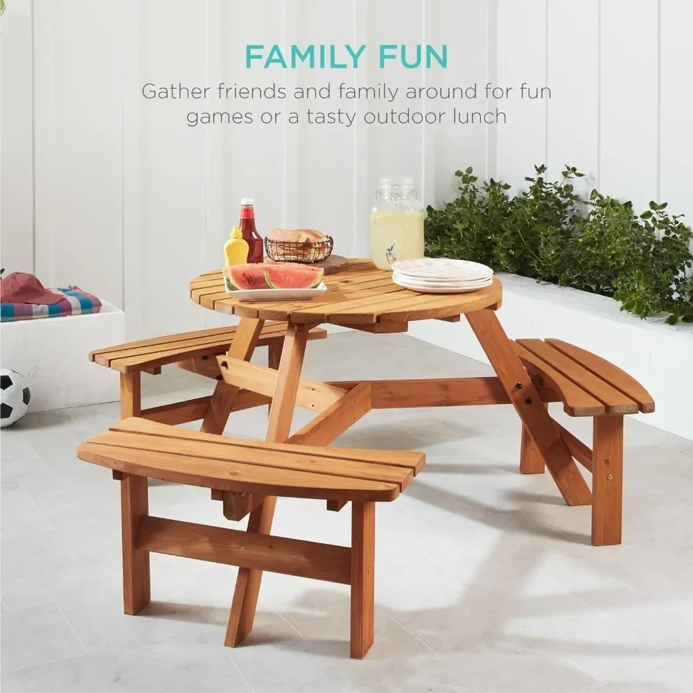 

Circular Outdoor Wooden Picnic Table for Patio, Backyard, Garden, Built-in Benches, 500lb Capacity - Natural Outdoor Tables