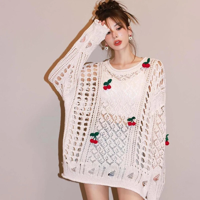 

Biyaby Cherry Long Sleeve Knitted Tops Women Sweet Hollow Out Loose Sunscreen Shirt Woman Korean Fashion O-Neck Pullovers Female