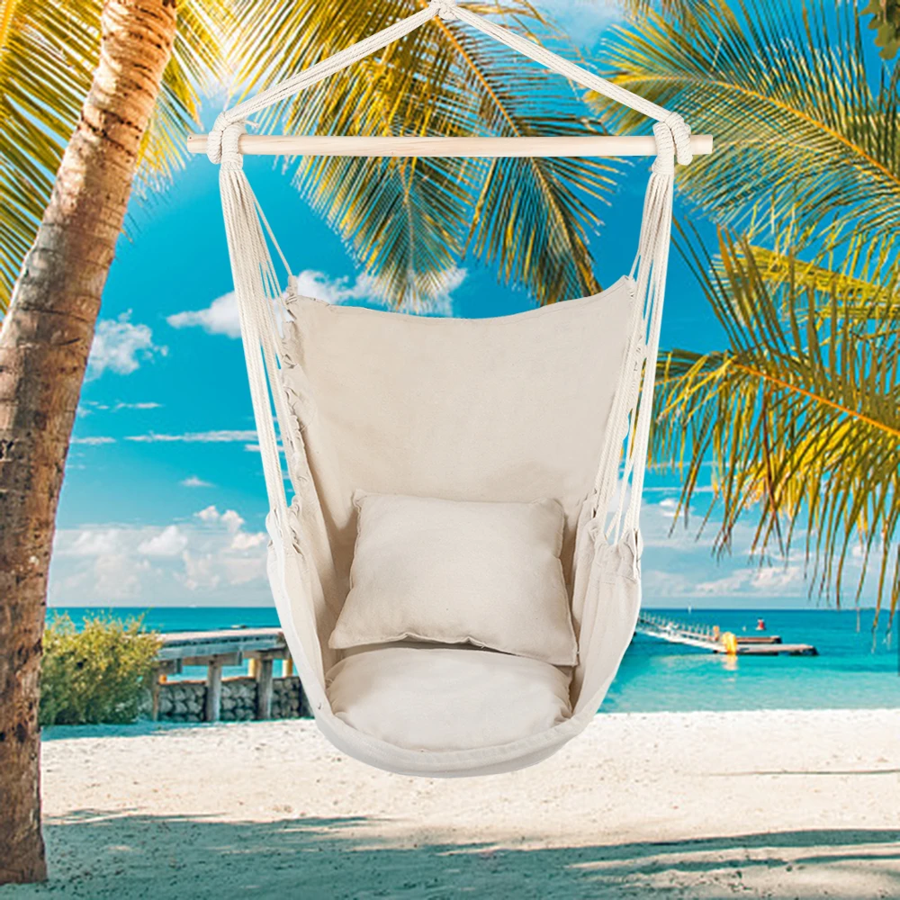 Distinctive Cotton Canvas Hanging Rope Chair With Pillows Beige Garden Furniture 3