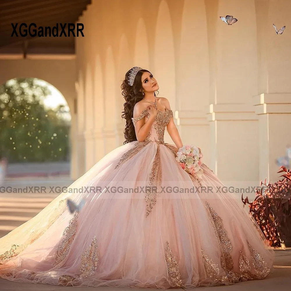 Sparkly Pink Quinceanera Dresses 2024 XV Ball Gown Rose Gold Lace Applique Princess Sweet 16 Dress Birthday Party Vestido De 15 images - 6