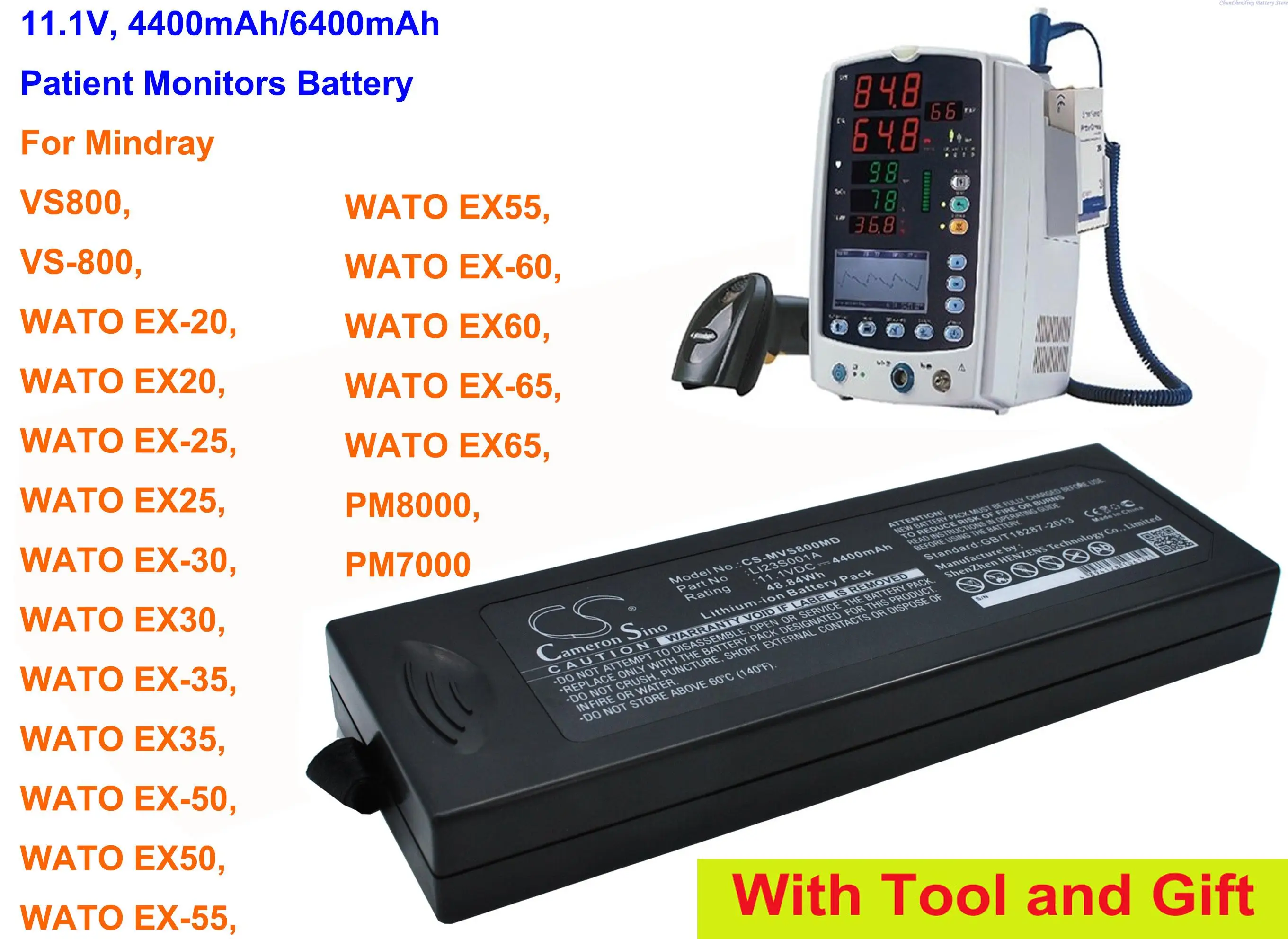 Bateria Paciente do Monitor de Cameron Sino 4400mah 6400mah para Mindray Wato Ex50 Ex60 Ex60 Ex-65 Ex65 Pm8000 Pm7000