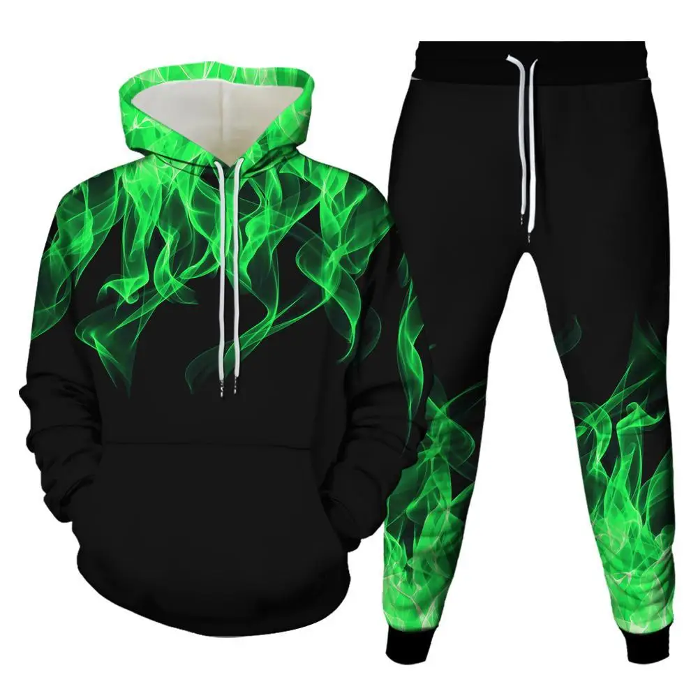 

2023 Fashion 2 Piece Flame 3D Printing New Unisex Hoodie Jogging Pants Brand Men's Pullover Hooded Sweatshirt Couple Set