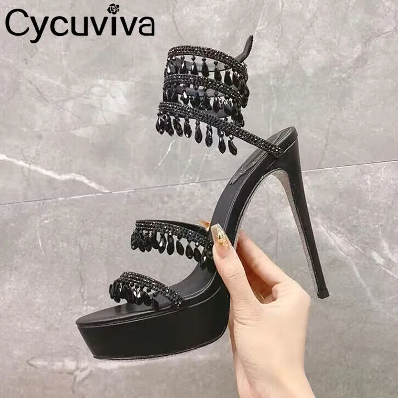 

Luxury Brand Bling Crystal Sandals Women Sexy Ankle Strap Beaded High Heels Platform Shoes Summer Party Wedding Designer Shoes