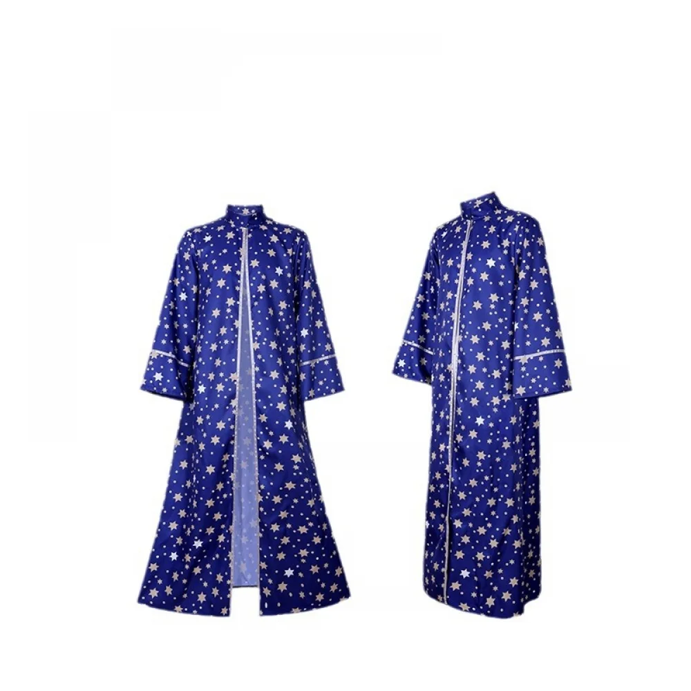Men Magic Magician Costume with Blue Robe Cloak Hat Star Moon Magician Wizard Cosplay Costume Adult Role Playing Clothing