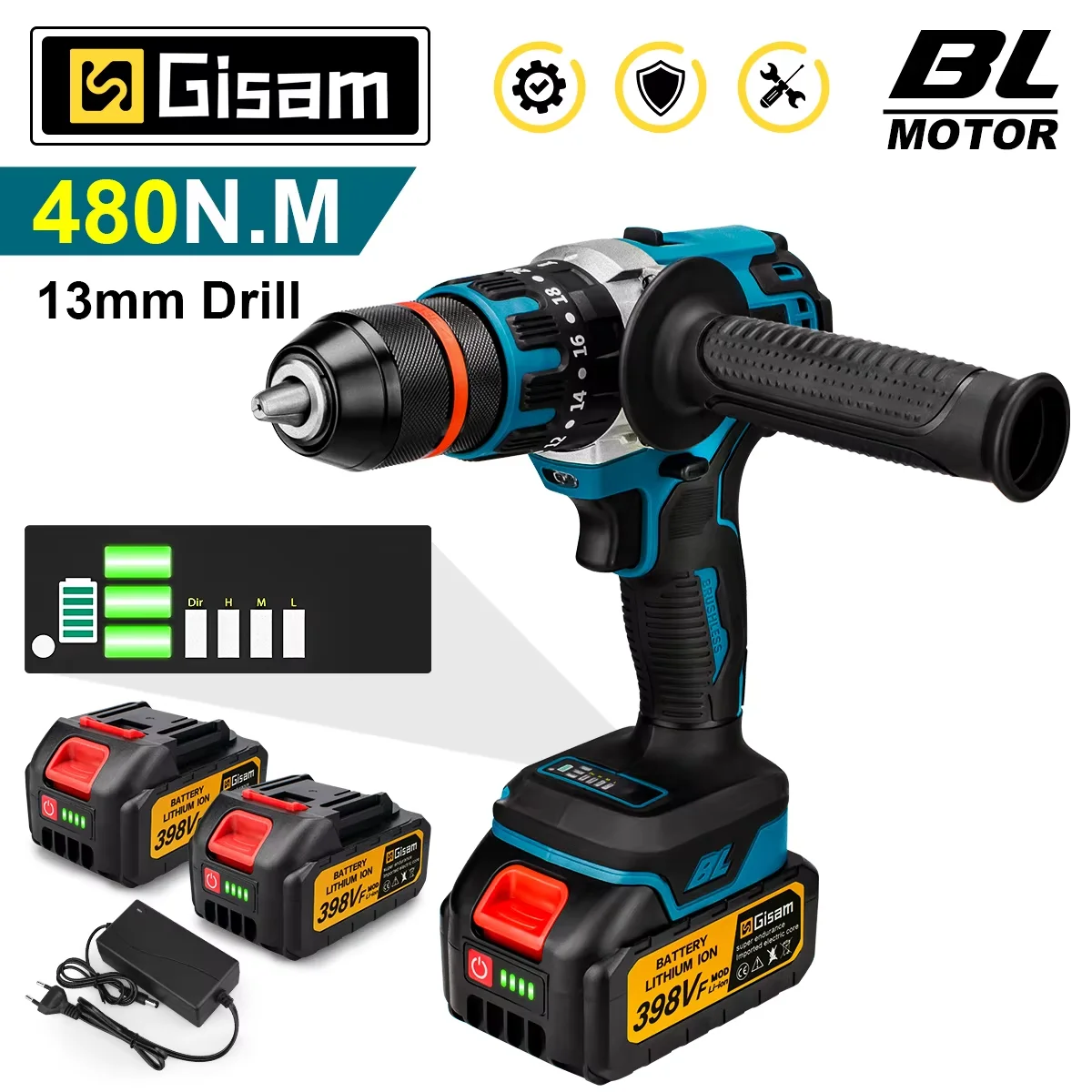 GISAM Furadeira de Impacto Elétrica Brushless 13mm 480N.m, furadeira sem fio e parafusadeira elétrica, ferramenta DIY compatível com pino de bateria Makita 18V