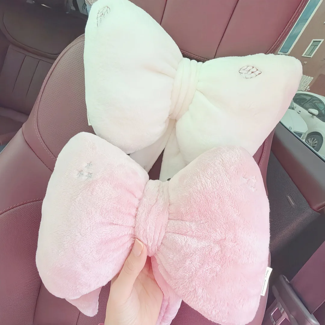 겨울용 어린이 플러시 자수 자동차 헤드레스트 목베개, 귀여운 리본 모양의 카시트 베개