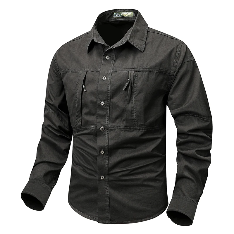 Men's Tactical Hiking Long Sleeve Shirt Big Pocket Cargo Button Up Shirt mens t shirts