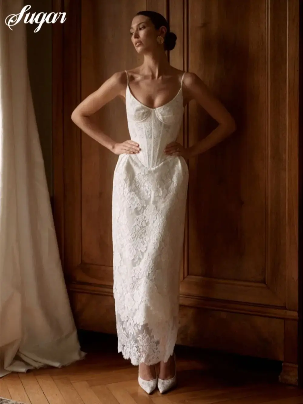 Customized White Lace Spaghetti Strap Wedding Dress Mermaid Lace Bridal Gown Elegant Mermaid Ankle-Length Wedding Gown 2026
