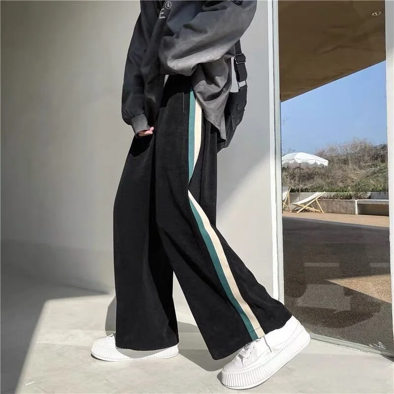 American Street Pants Loose Corduroy Patchwork Striped Pants Men Contrasting Elastic Waist Drawstring Straight Casual Trousers