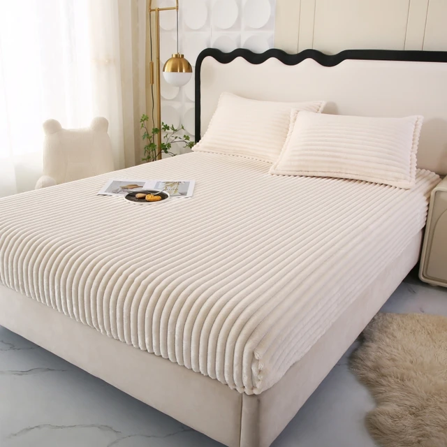 Drap-housse en peluche rayé de couleur pure, protection de matelas complet/double/Queen/King, pour chambre à coucher, appartement, universel, doux, confortable, chaud, respirant et lavable en machine, 1 pièce 3