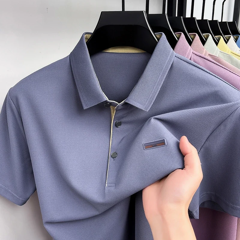 Polo da Uomo Casual da Ufficio a Maniche Corte, in Jacquard a Nido d'Ape Traspirante, con Due Bottoni in Metallo, per Lavoro e Uso Quotidiano - immagine 3