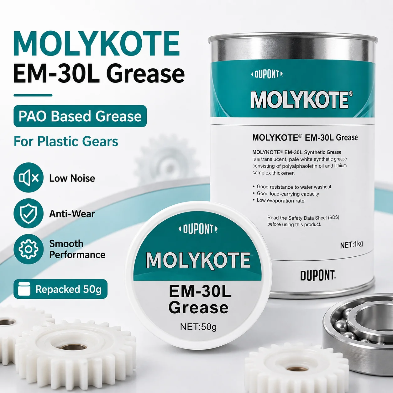 Original MOLYKOTE EM-30L EM-50L EM-60L Schmierfett PAO Synthetisches Schmiermittel Weißes Fett für Kunststoffgetriebe Geräuscharm Verschleißschutz