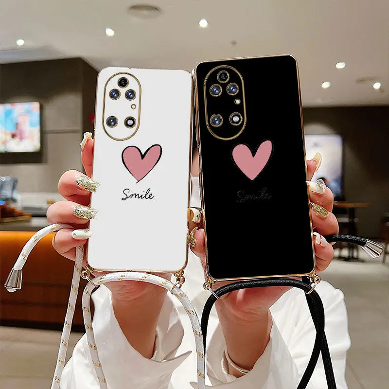 

A Pink Heart Crossbody Lanyard Silicone Phone Case For Huawei P50 P40 P30 P40 Lite P20 Pro Nova 10SE 9SE Mate 50 40 30 Pro Cover