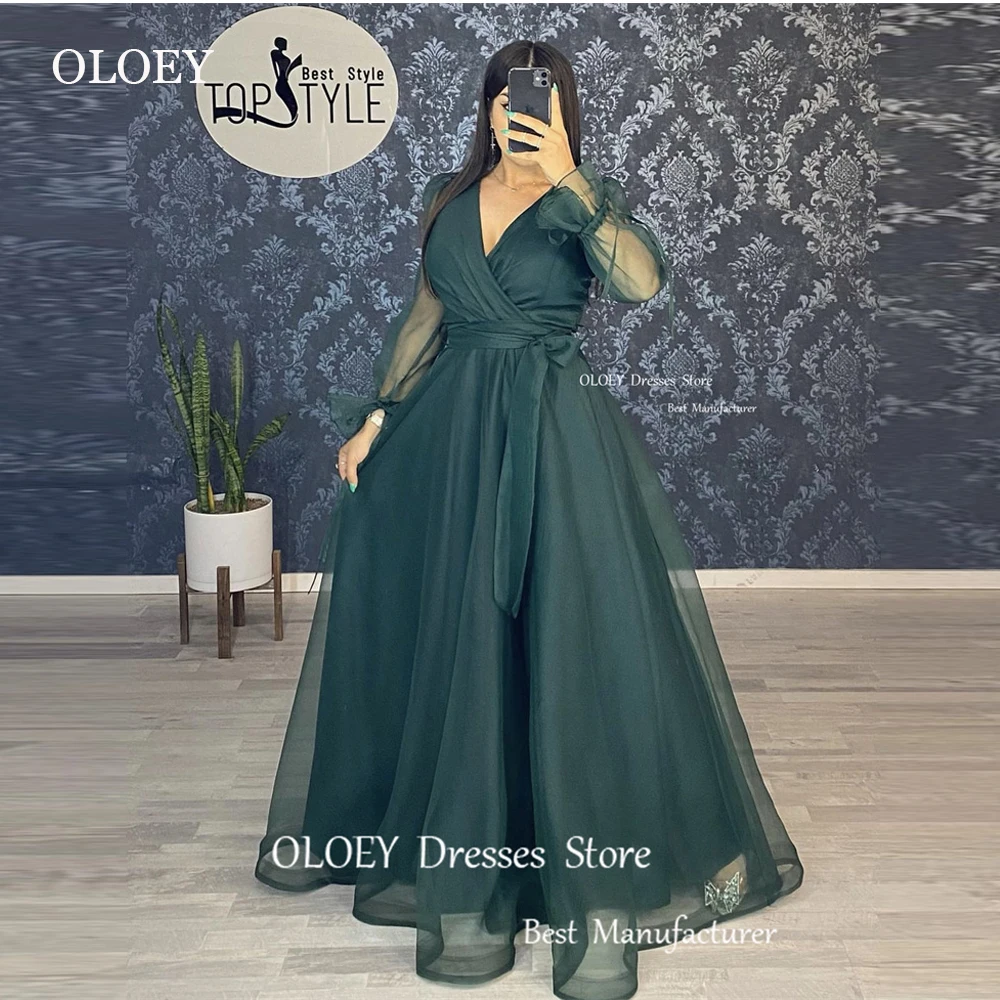 

OLOEY Modest Green A Line Organza Evening Dresses Long Sleeves V Neck Puff Long Sleeves Prom Gowns Mother Formal Occasion