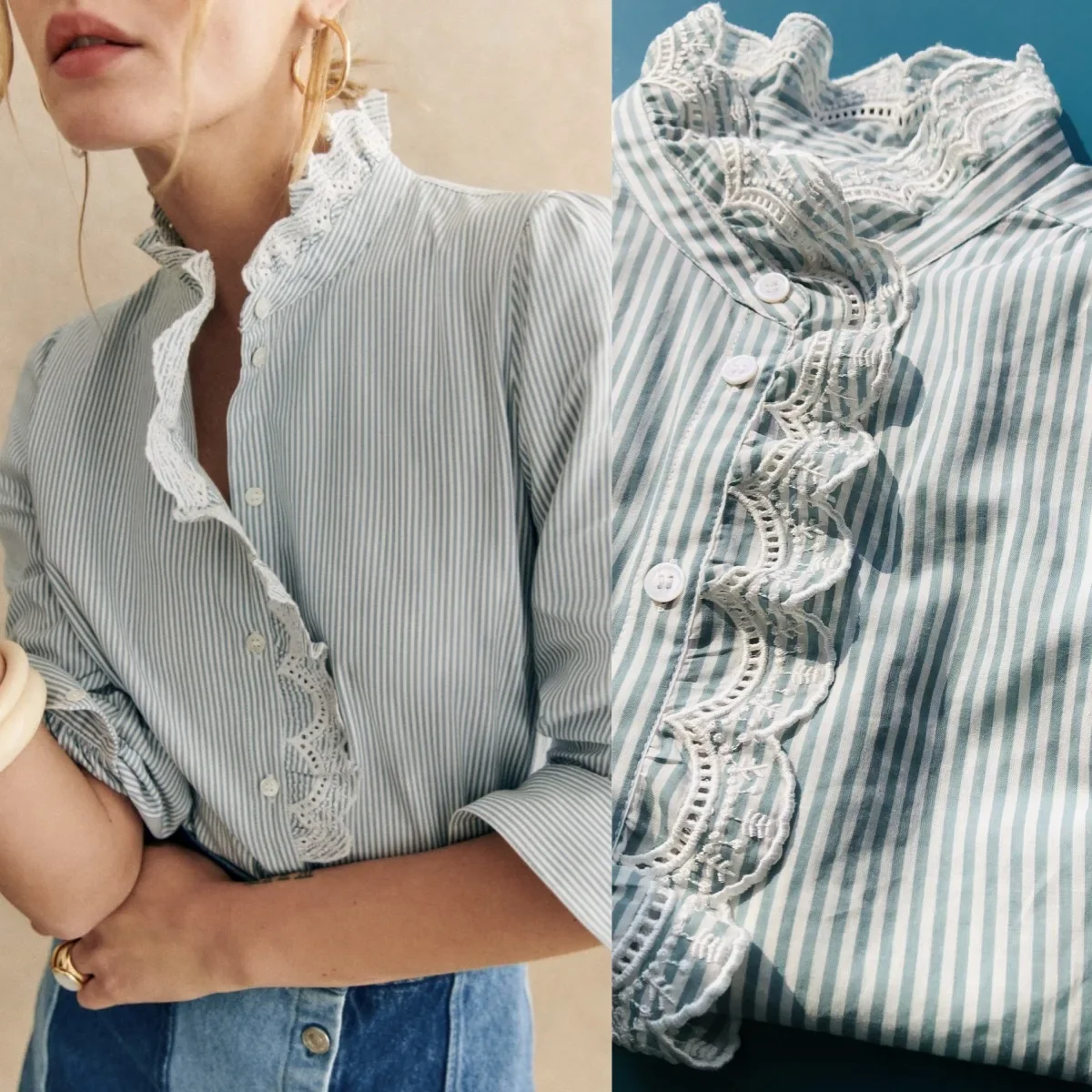 

Women's Shirt 2024 New Spring Summer Cotton Stripes Embroidery Ruffled Single Breasted Loose Casual Long Sleeve Blouse