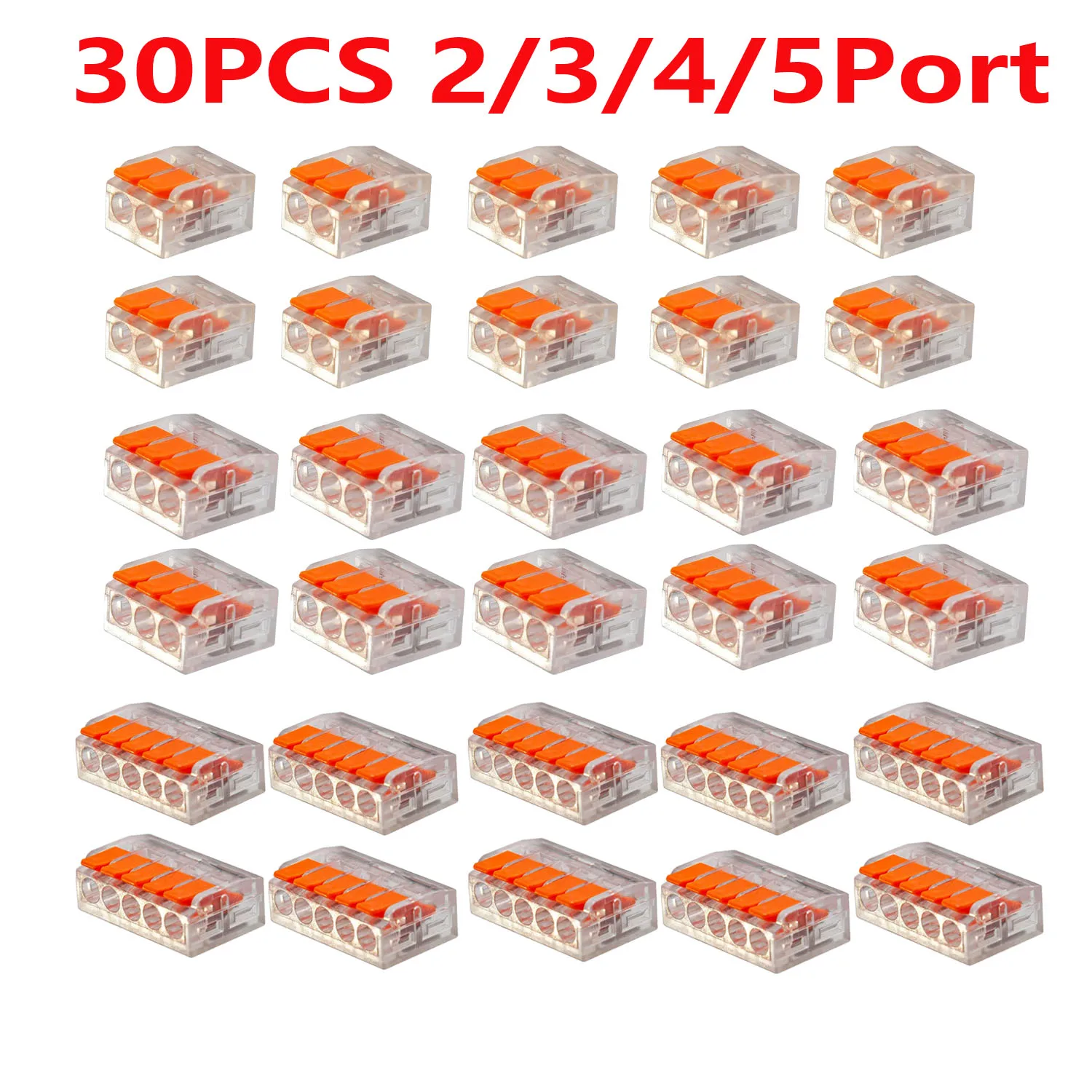 ชุดขั้วต่อสายเคเบิลแบบรวมสีส้ม 30 ชิ้น 2 พอร์ต/3 พอร์ต/4 พอร์ต/5 พอร์ต ขั้วต่อสายไฟแบบเร็วพร้อมปลอกหุ้ม 1