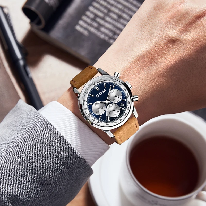 DOM Men quartz watches luxurys Business and leisure brand Cowhide strap watches for men Fashionable and elegant waterproof