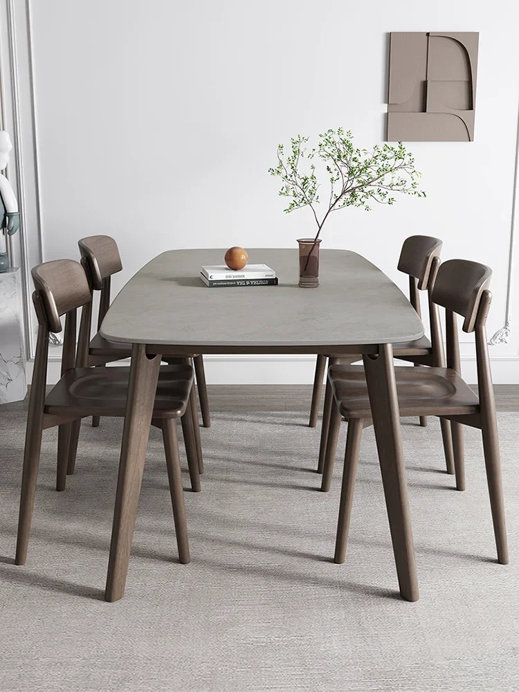

Stone Plate Dining Table Solid Wood Rectangular Modern Simple and Light Luxury High-End Dining Tables and Chairs Set