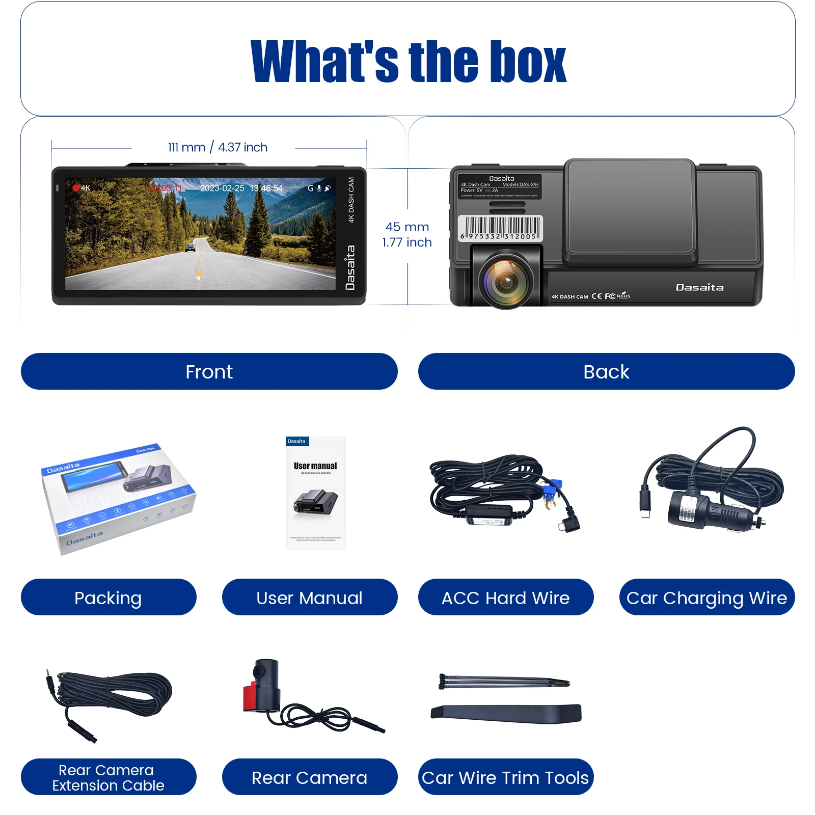 Dasaita 4 ġ LCD  ķ,  4K ĸ 1080P IMX335 Ĩ, 160     GPS ڵ    ī޶