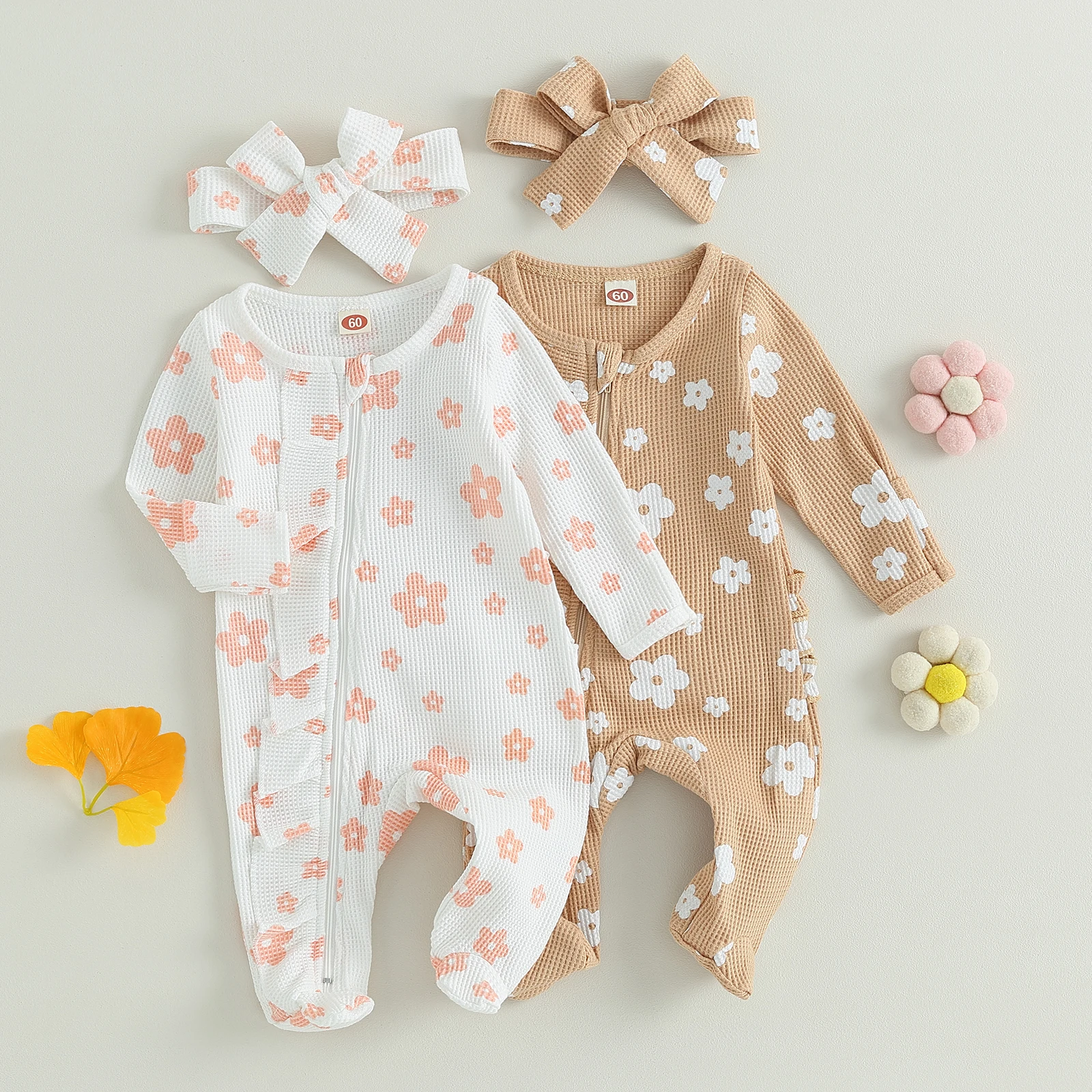 Pudcoco Infant Baby Girl Footed Jumpsuit Cartoon Floral Print Long Sleeve Front Zipper Closure Romper + Bow Headband 0-6M