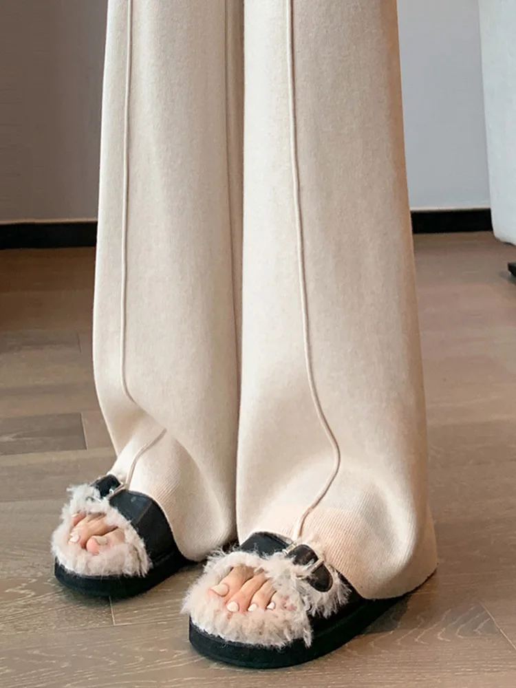 

Jielur вязаные свободные прямые зимние женские брюки на шнуровке простые толстые женские брюки с высокой талией и широкими штанинами