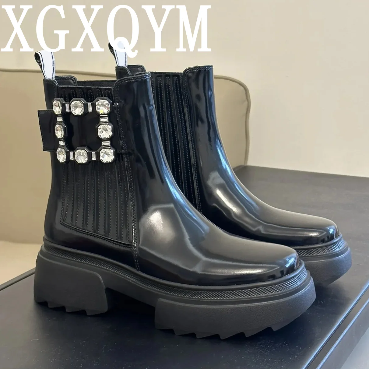 

New Platform Flat Chelsea Boots Women Patent Leather Solid Color Ankle Boots Winter Round Toe Crystal Buckle Decor Casual Boots
