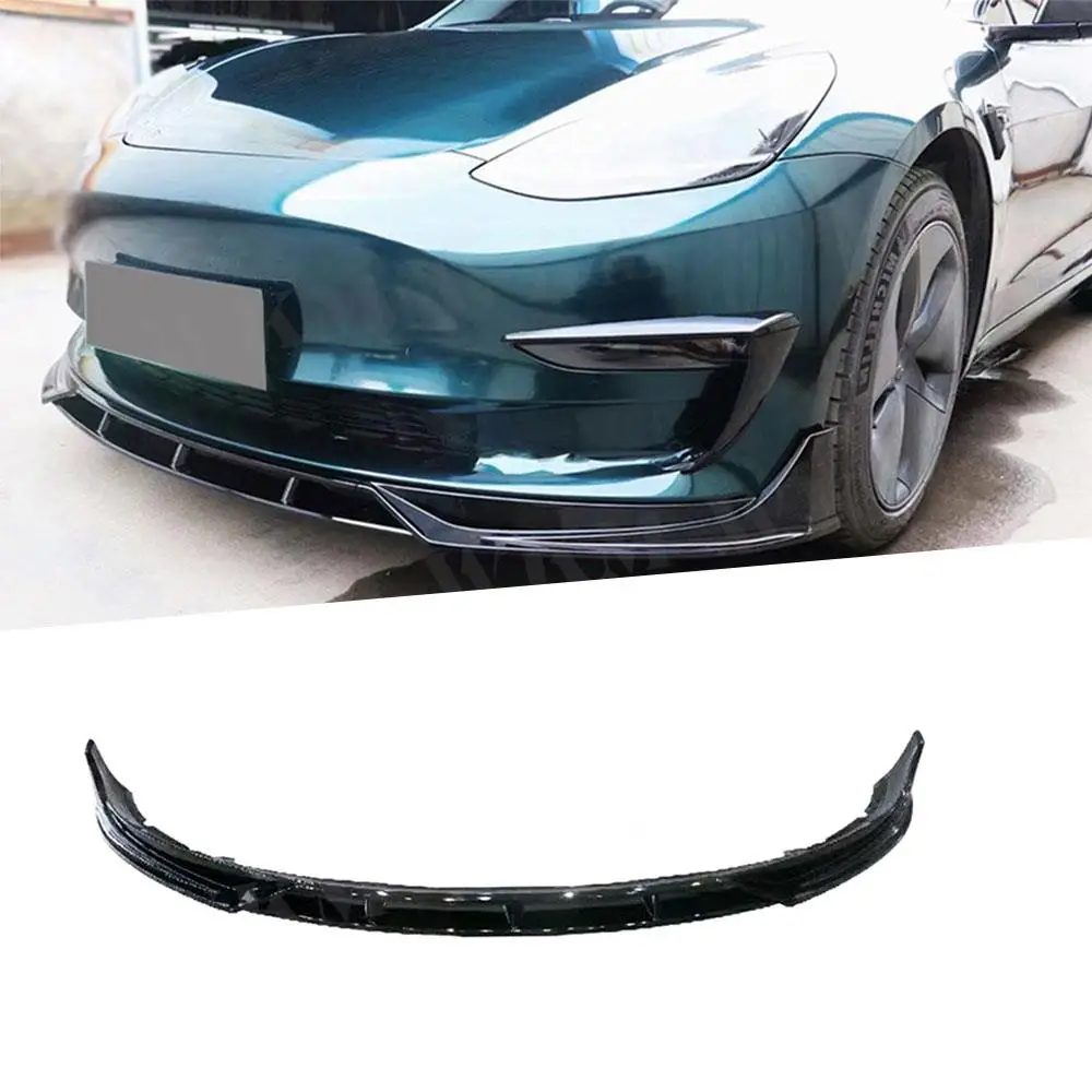 

ABS Carbon Look Gloss black Front Bumper Lip Spoiler for Tesla Model 3 Head Chin Guard Car Styling 3Pcs/set