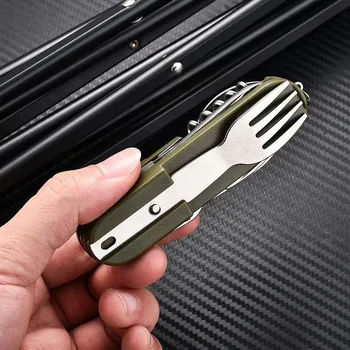 7 in 1 Multifunctional Outdoor Tableware Survival Tools Stainless Steel Foldable Fork Spoon Knife Picnic Camping Dinnerware
