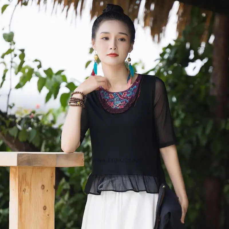 2024 traditional chinese vintage shirt national flower embroidery mesh sleeve base shirt oriental tang suit ethnic folk shirt