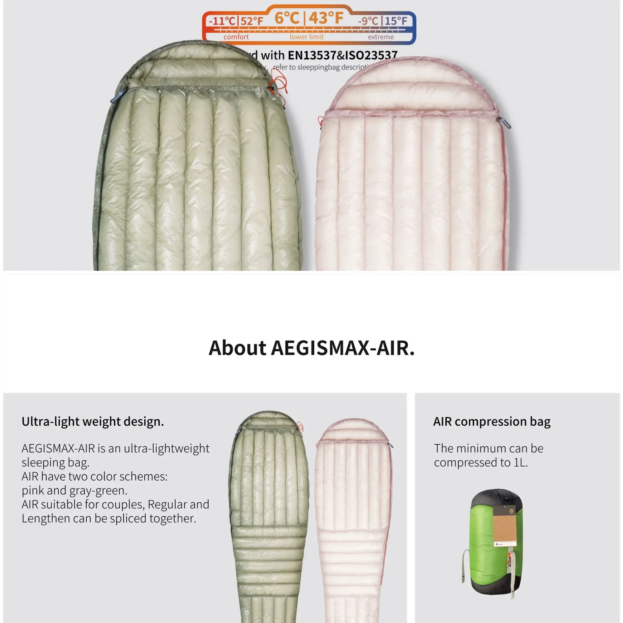 AEGISMAX AIR 10D 6 Degree Lightweight Ultra Dry Duck Down Pro 800FP Ultralight Sleeping Bag for Traveling Hiking Camping