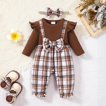 2PCS Baby Girl Clothing Long Sleeve Plaid Romper+Headband Spring &Autumn Baby Onesie Toddlers Daily Wear for Infant1-18Months 1