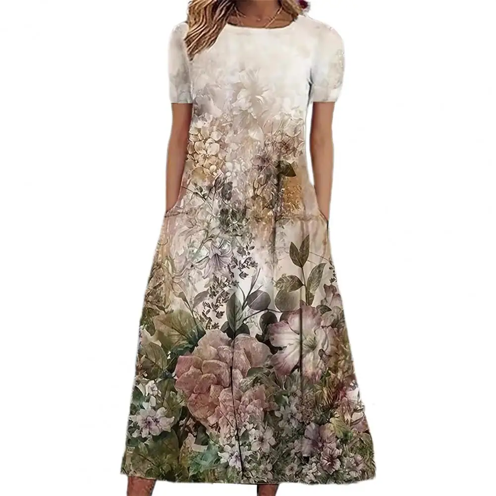 

Women's Summer Dress Gorgeous Floral Print A Line O Neck Short Sleeve Pockets Plus Size Women's Beach Dress