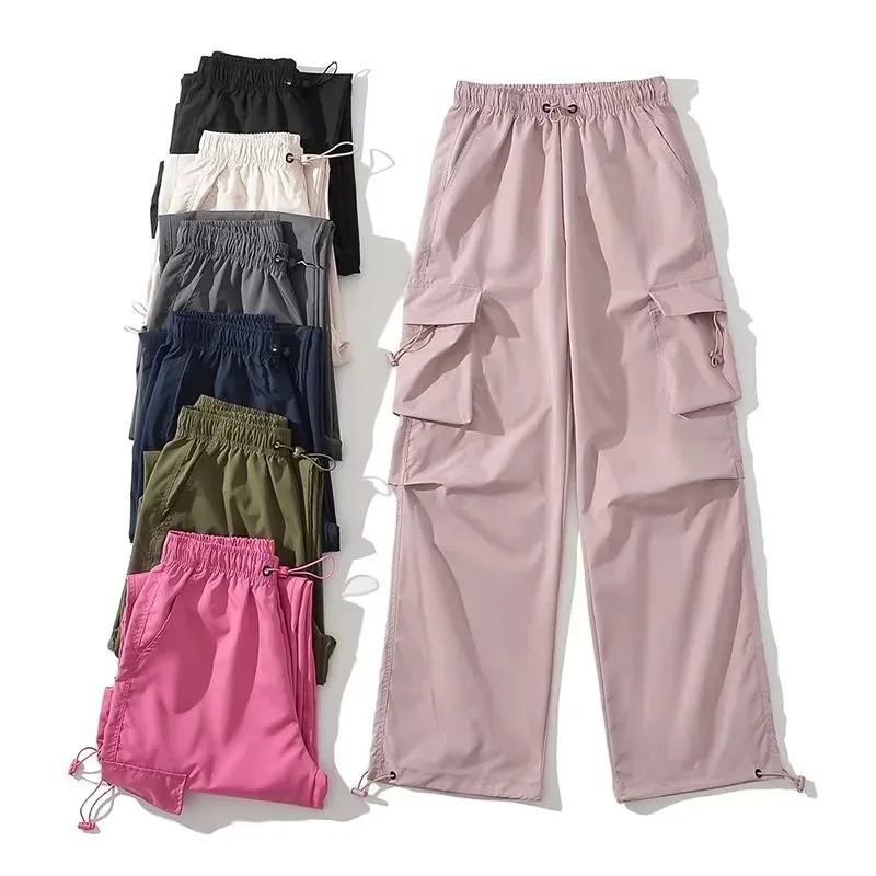 

2023 Summer Retro Sweet Hot High Waist Drawstring Cargo Pants New Quick Dry Slim Wide Leg Pants Women's Clothing