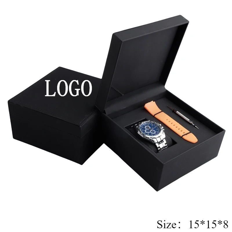 Luxurious Black PU Leather Watch Box with Strap Slot and Logo Customization