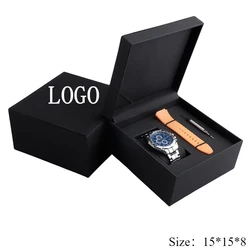Luxurious Black PU Leather Watch Box with Strap Slot and Logo Customization (Free logo)